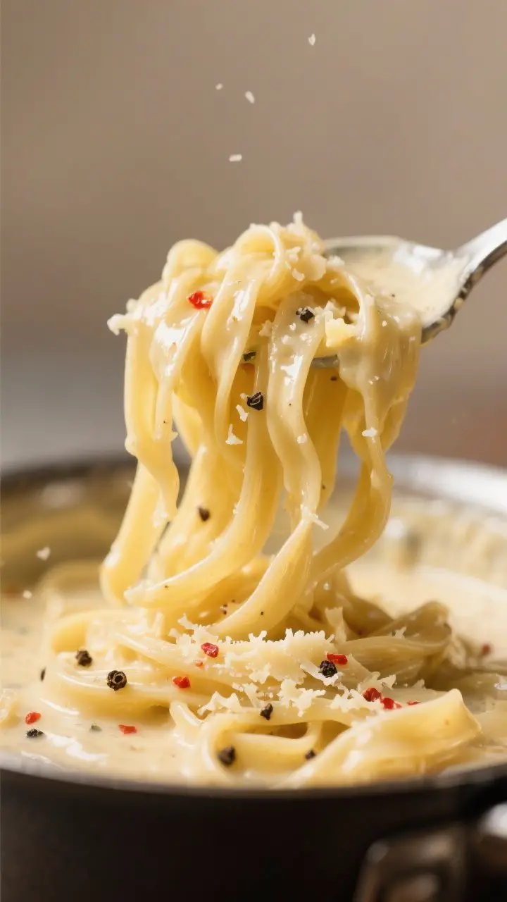 Close-up detail – Silky sauce and cheese melt: tight macro of strands of fettuccine being lifted f