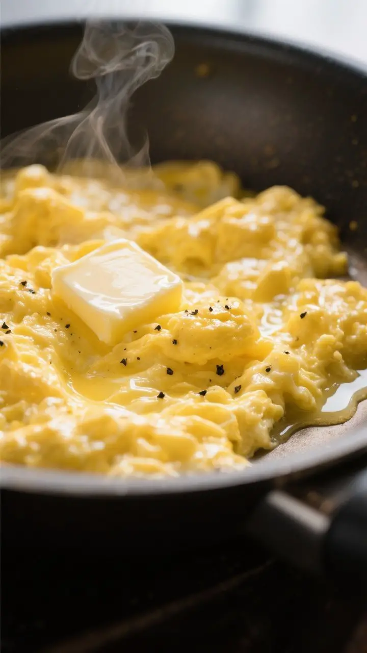 Close-up detail: Silky soft-scrambled eggs just set and glossy in a nonstick skillet, tiny curds wit