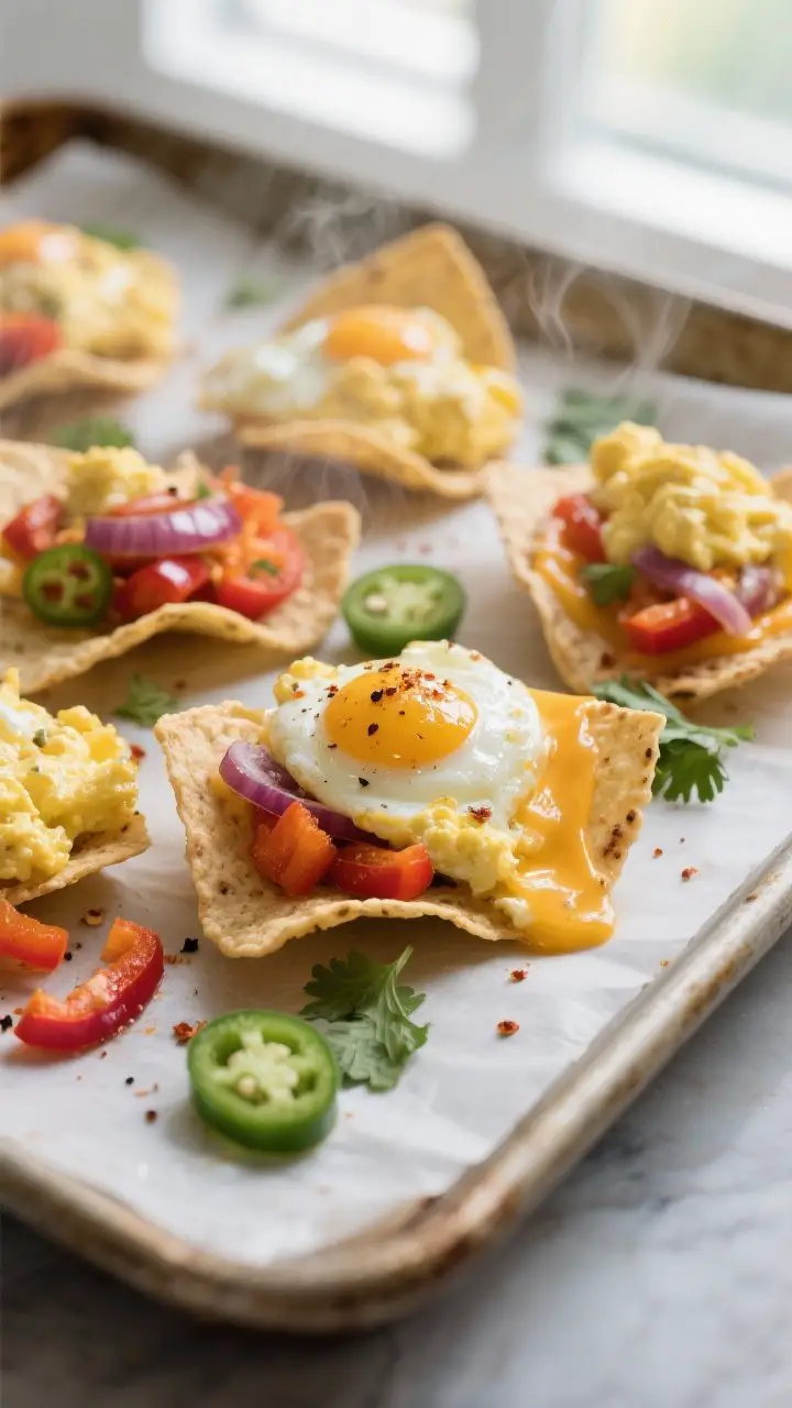Close-up detail: Soft-scrambled eggs tucked into crispy tortilla chips on a sheet pan, cheese just m