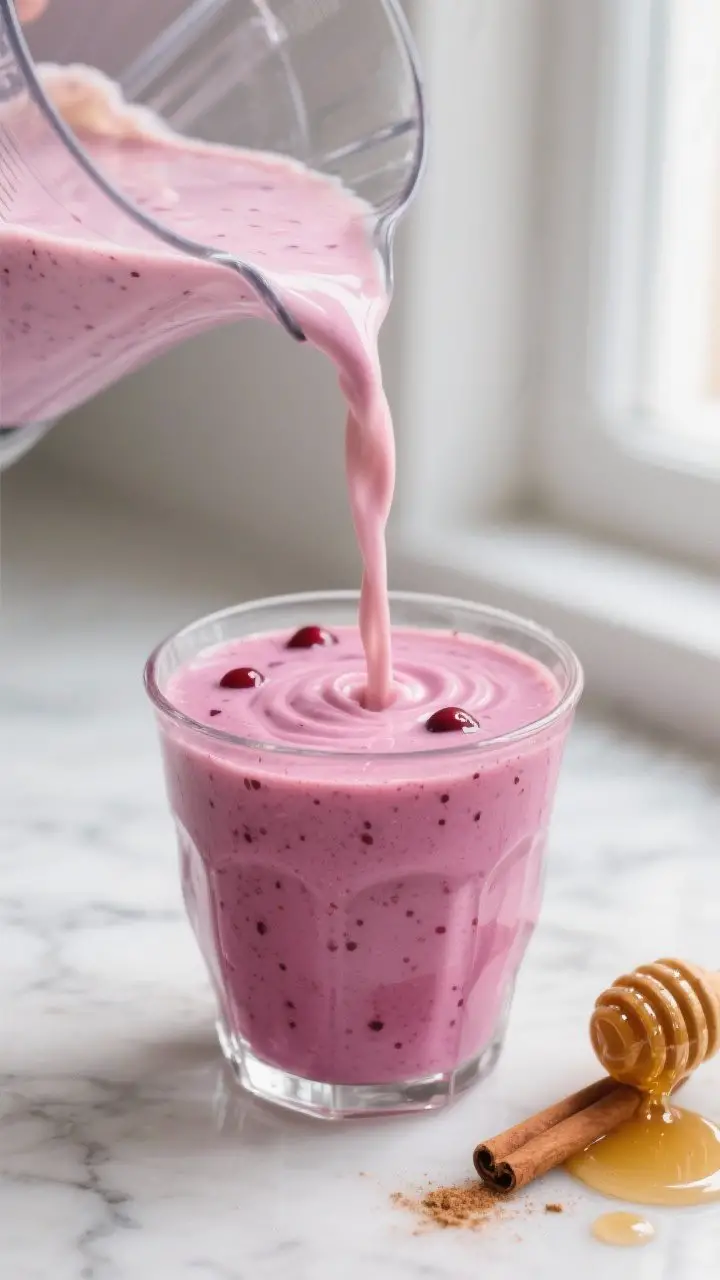 Close-up detail: Thick cherry-vanilla yogurt smoothie pouring silkily from a blender into a chilled 