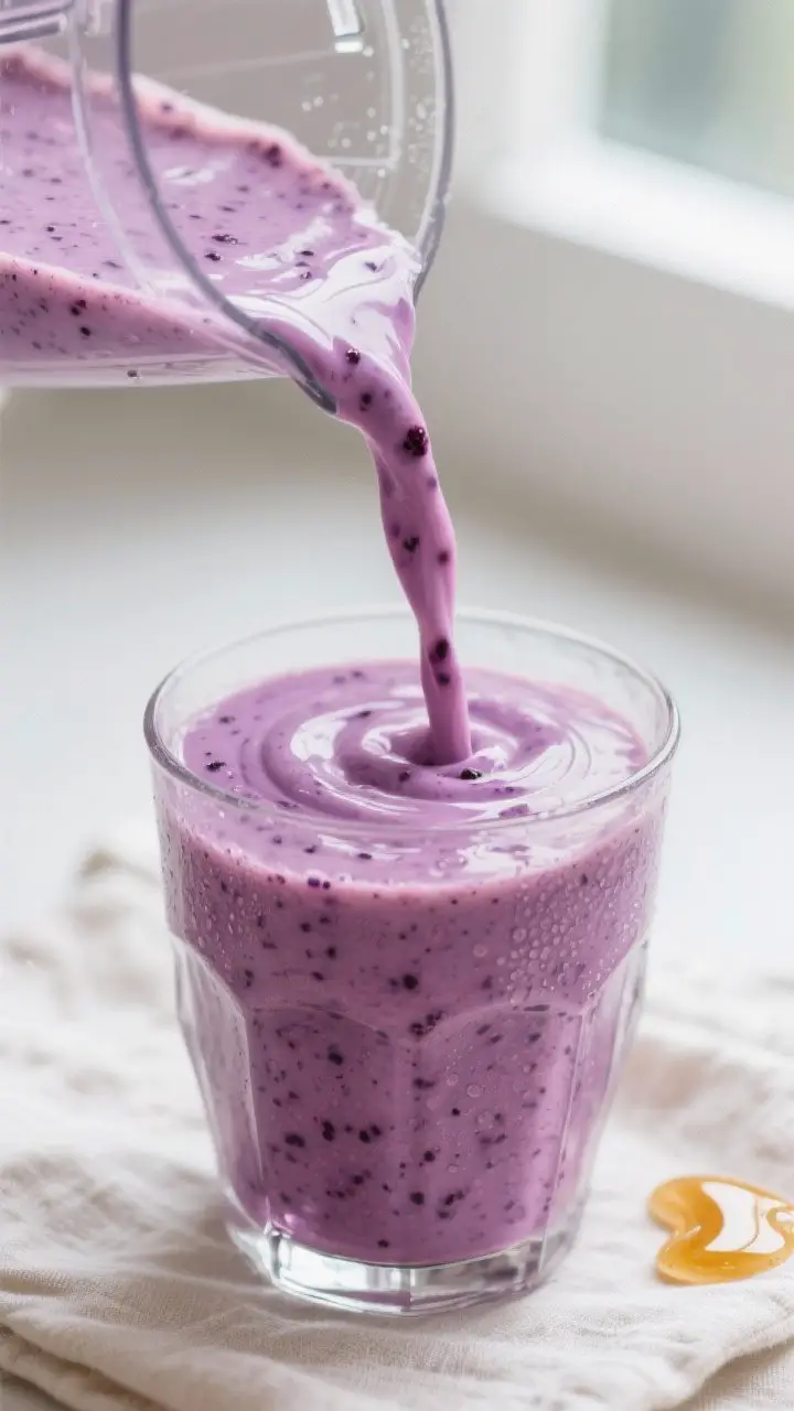 Close-up detail: Thick, creamy mixed berry yogurt smoothie being poured from a blender into a chille