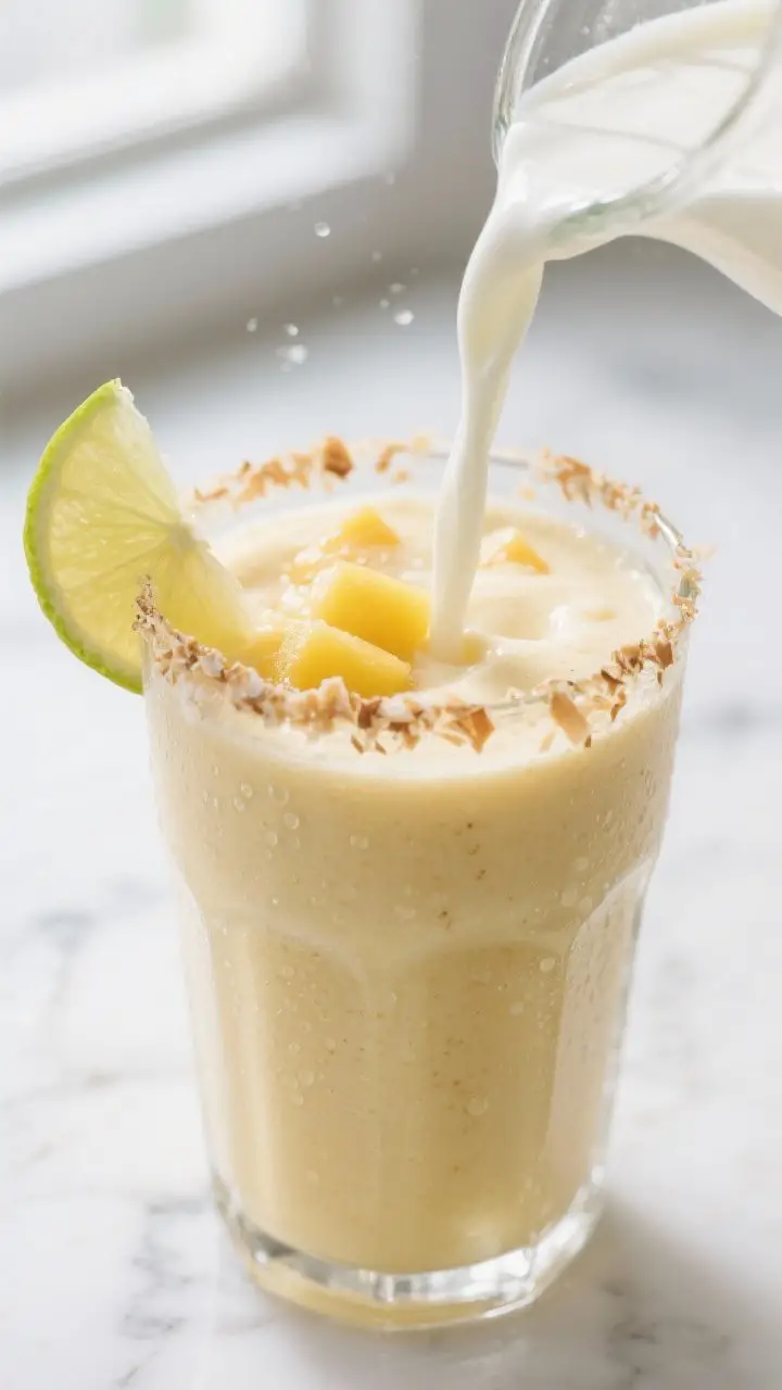 Close-up detail: Thick, frosty Mango Pineapple Yogurt Smoothie being poured into a chilled clear gla