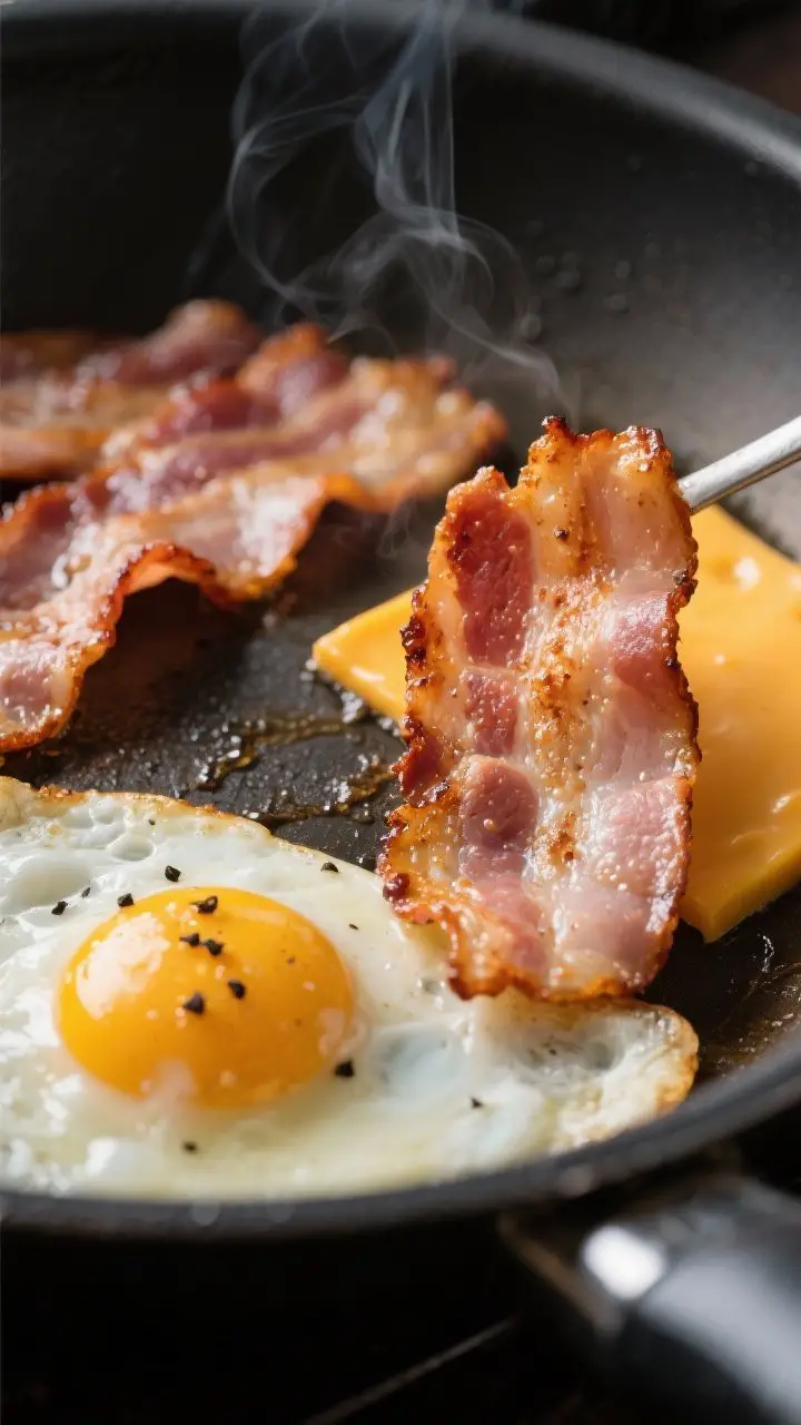 Close-up detail: Turkey bacon sizzling in a nonstick skillet, edges curled and crisp with tiny rende