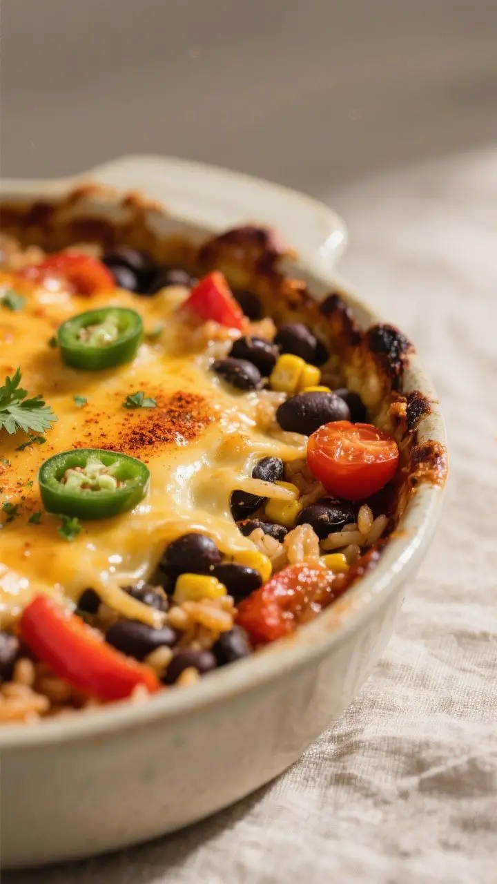Close-up detail: Vegan Mexican rice and bean casserole just out of the oven, bubbling edges and melt