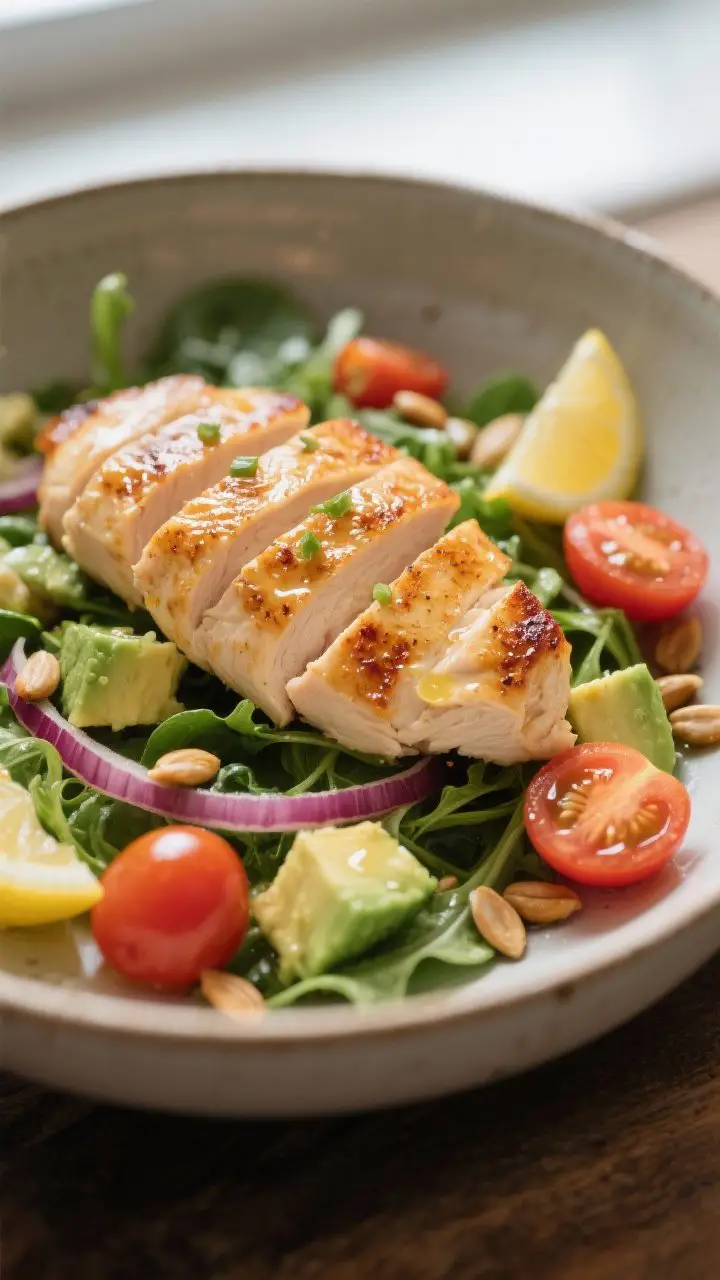 Close-up detail: Warm, sliced seared chicken breast resting on a bed of lightly dressed mixed greens