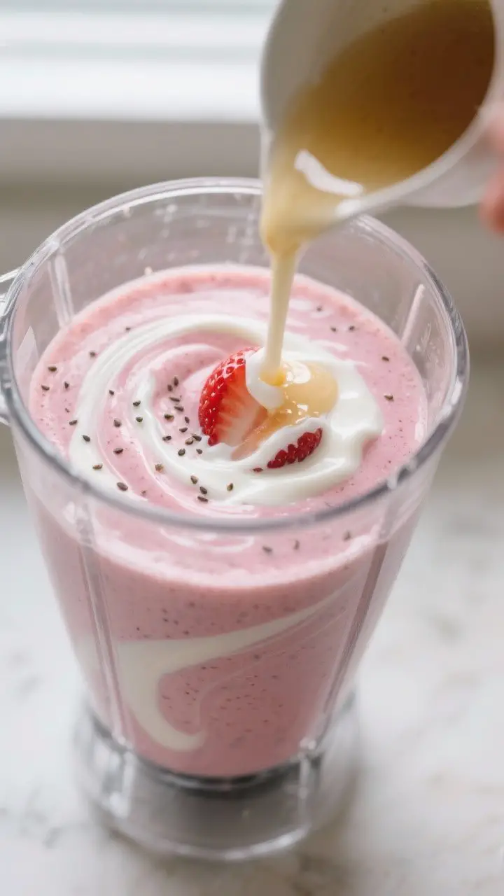 Close-up process shot: Strawberry banana yogurt smoothie mid-blend in a clear blender jar, creamy pi