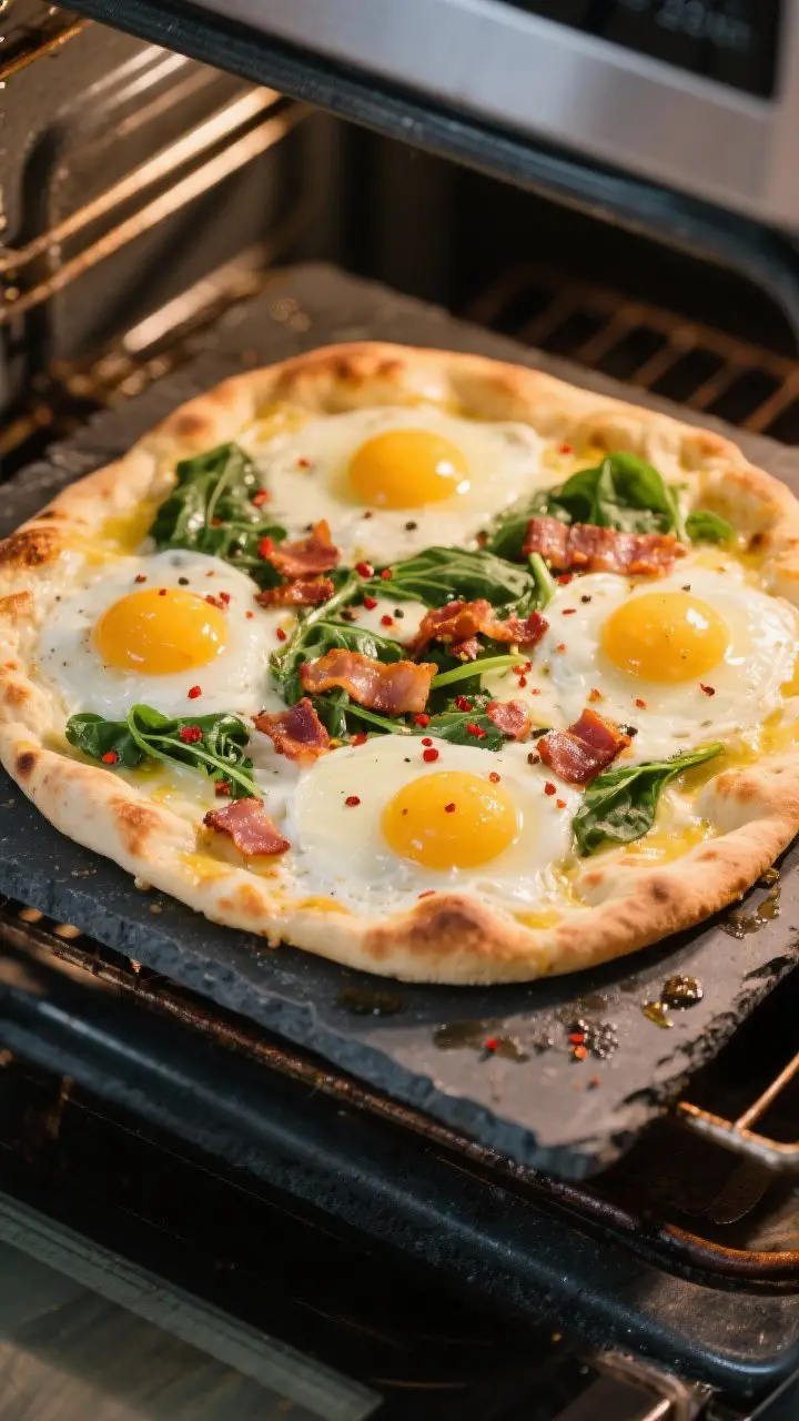 Cooking process – Breakfast flatbread in the oven at 425°F on a preheated baking stone: overhead 