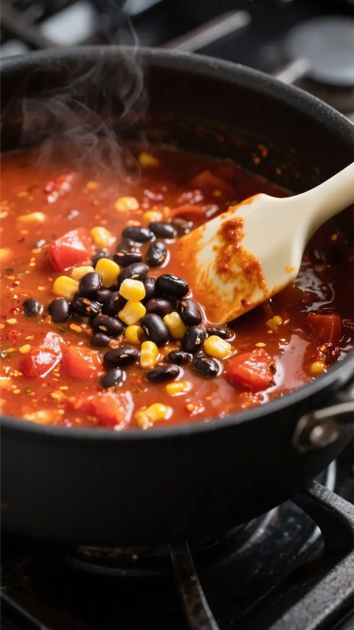 Cooking process close-up: A deep saucepan of simmering spicy black bean tortilla soup right after th