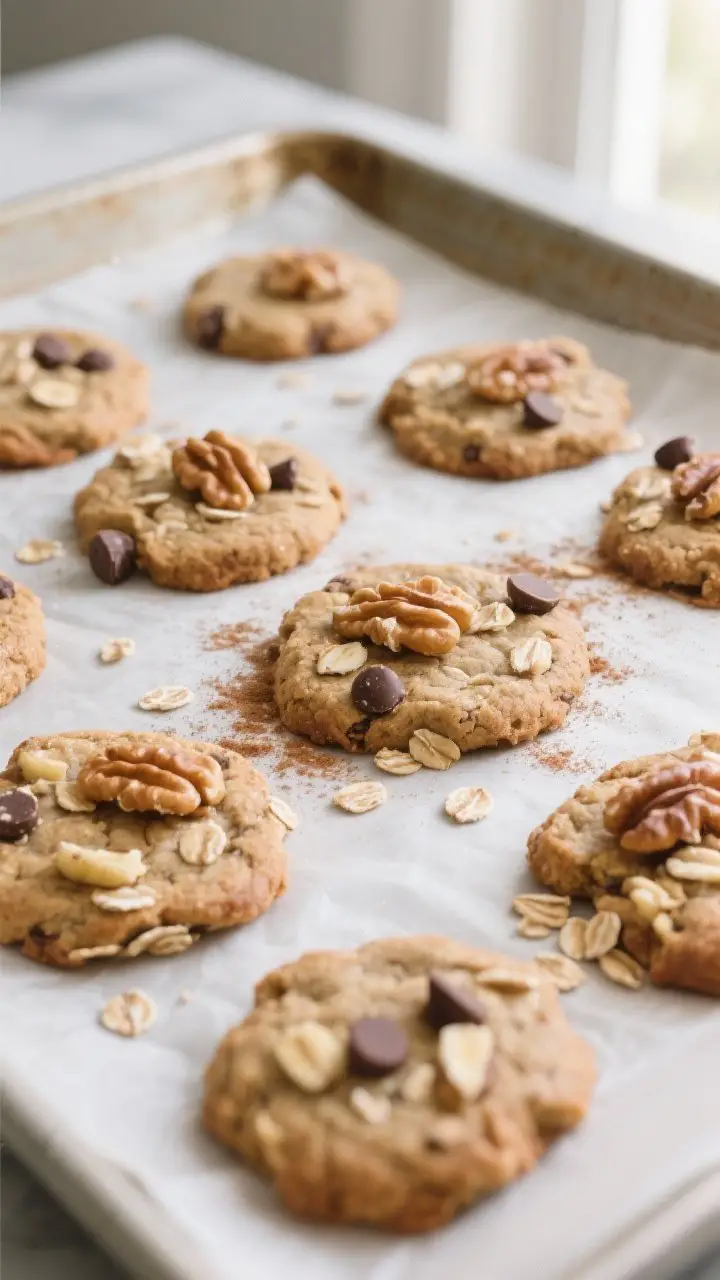 Cooking process close-up: A parchment-lined baking sheet with Maple Banana Oat Breakfast Cookies jus
