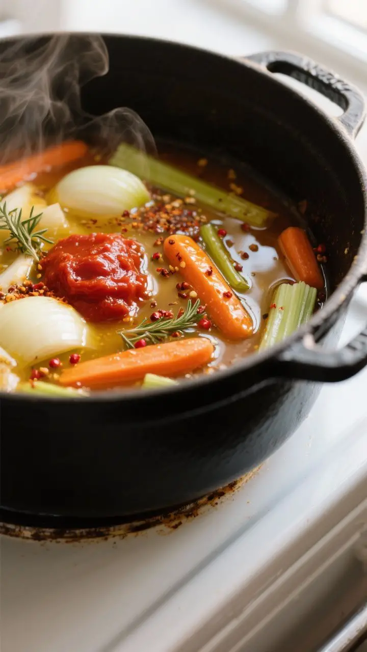 Cooking process, close-up: A shallow-depth-of-field close-up inside a Dutch oven showing softened on