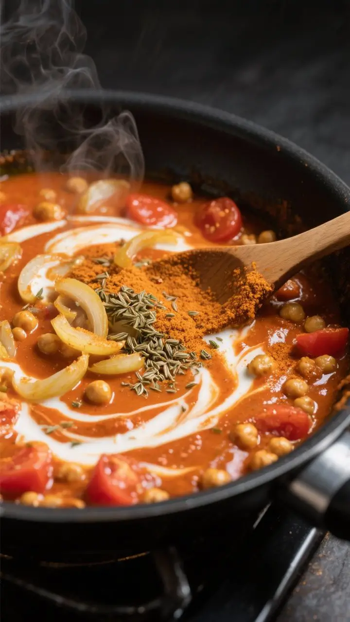 Cooking process close-up: Blooming spices in a creamy tomato base for vegan chickpea curry—close-u