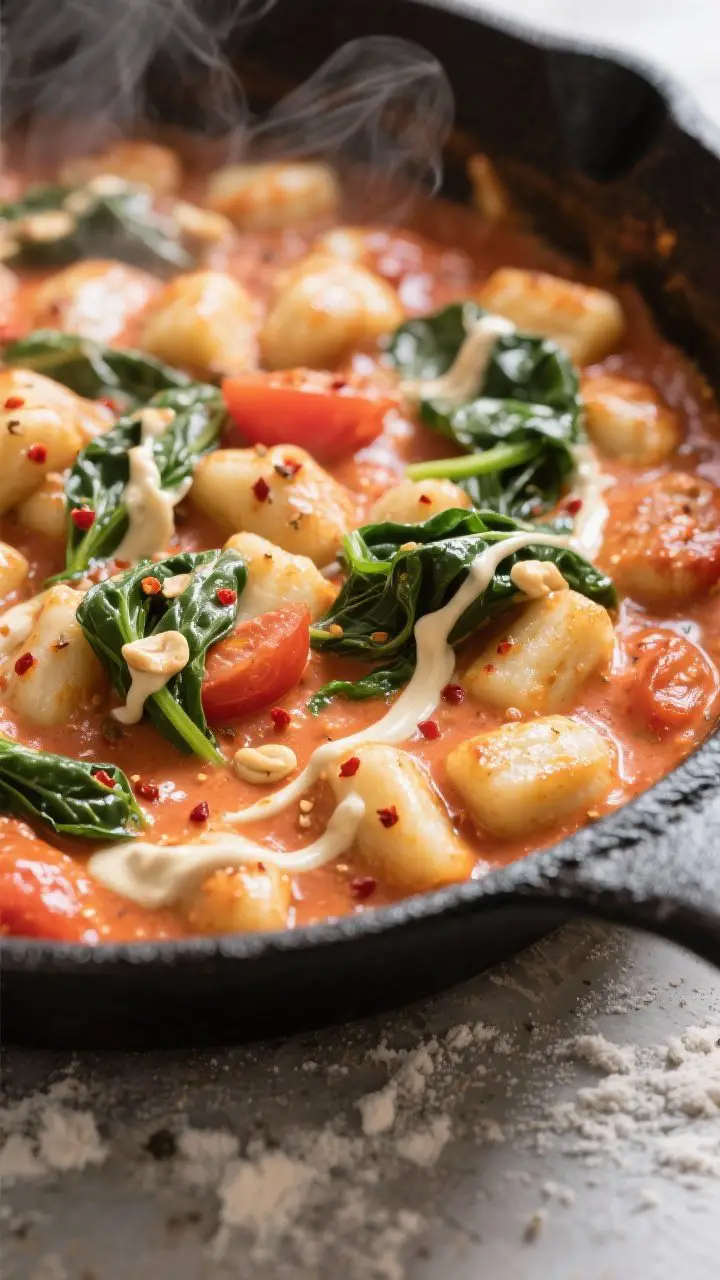 Cooking process, close-up detail: Close-up of gnocchi nestled in a silky tomato-cream sauce simmerin