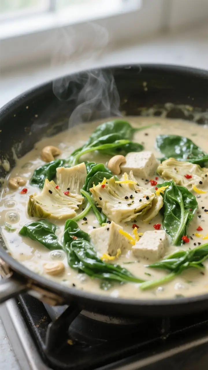 Cooking process, close-up detail: Creamy spinach artichoke sauce simmering in a wide skillet over me