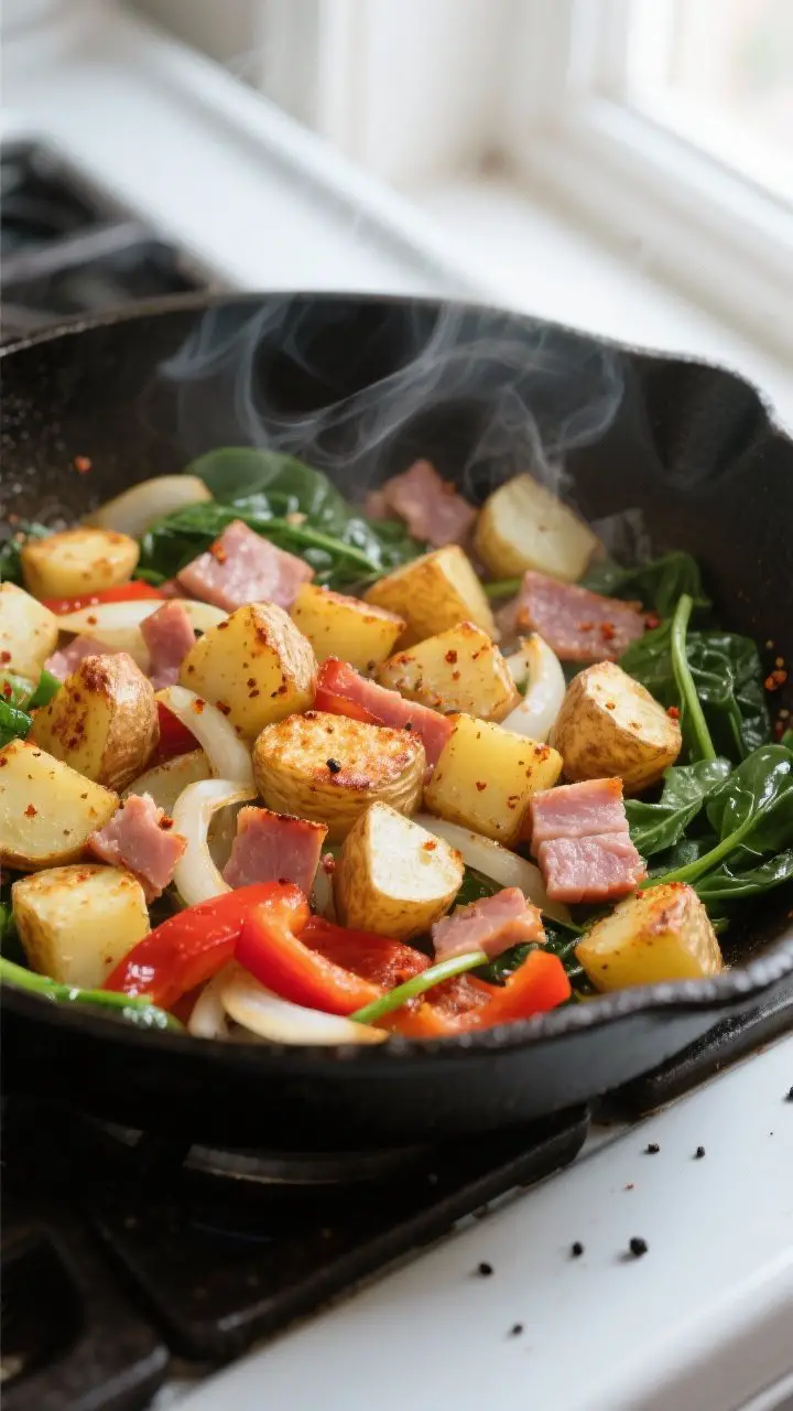 Cooking process, close-up detail: Sizzling breakfast skillet with golden, crispy 1/2-inch potato cub
