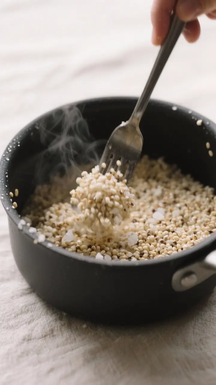 Cooking process close-up: Fluffy quinoa just off the heat being fluffed with a fork in a matte black
