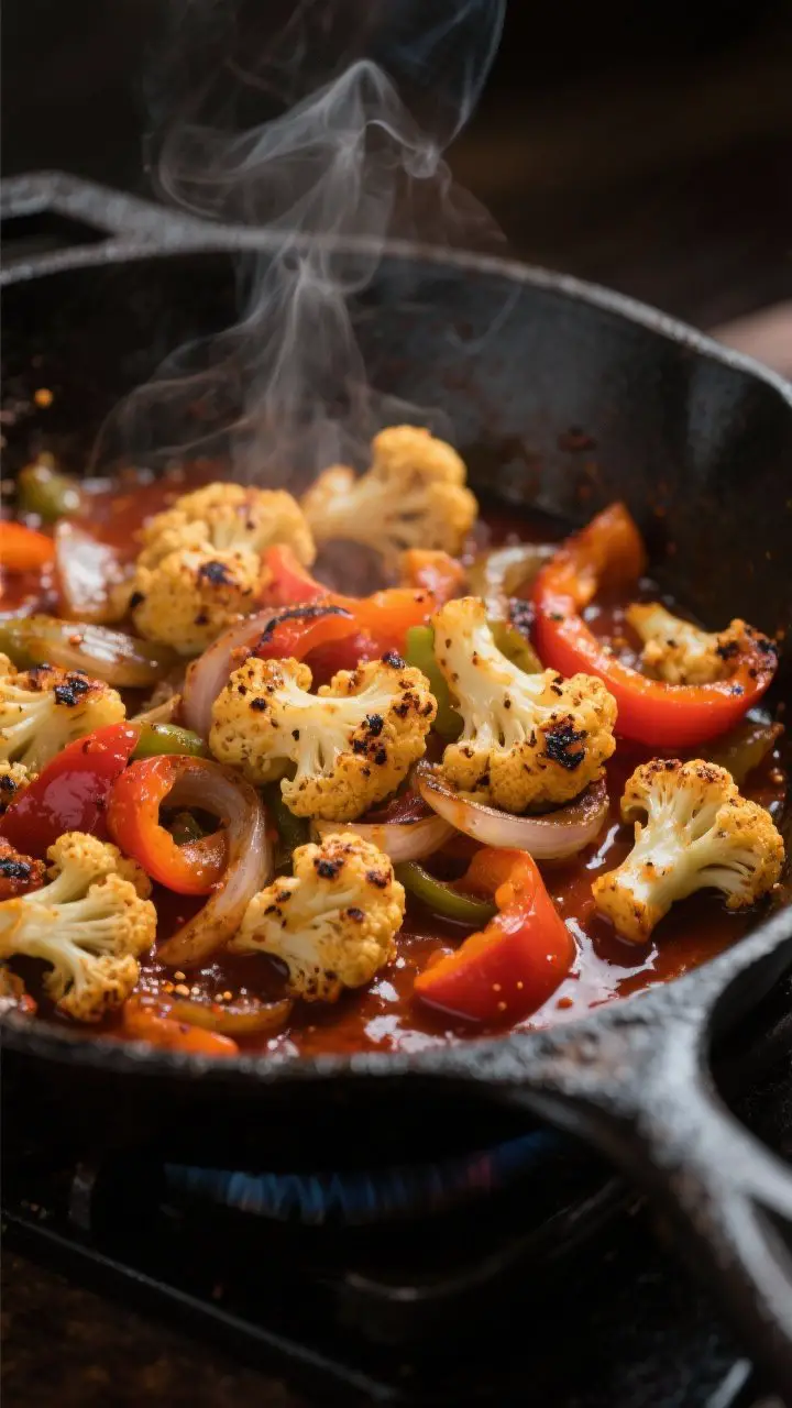 Cooking process, close-up: Golden-seared cauliflower florets and sautéed bell peppers and onions si