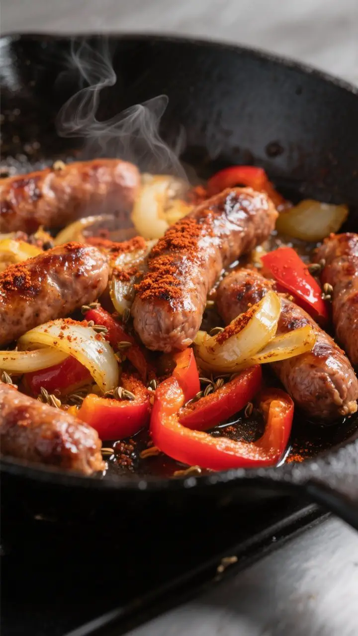Cooking process close-up: In-pan shot of browned, craggy breakfast sausage tossed with sautéed yell