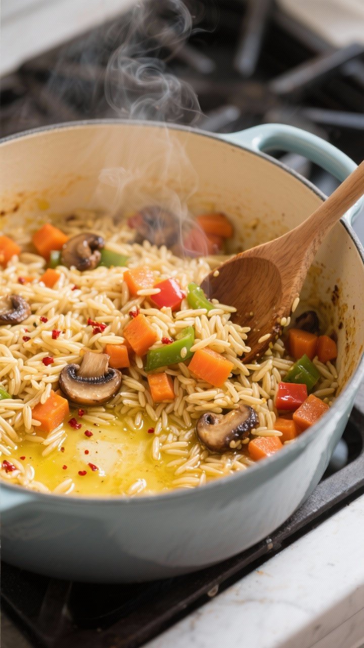 Cooking process close-up: Orzo toasting in a wide, enameled Dutch oven after sautéing vegetables—