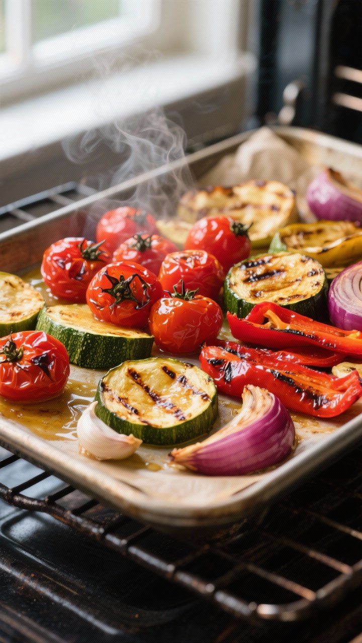 Cooking process close-up: Roasted veggie tray just pulled from the oven at 425°F—blistered cherry