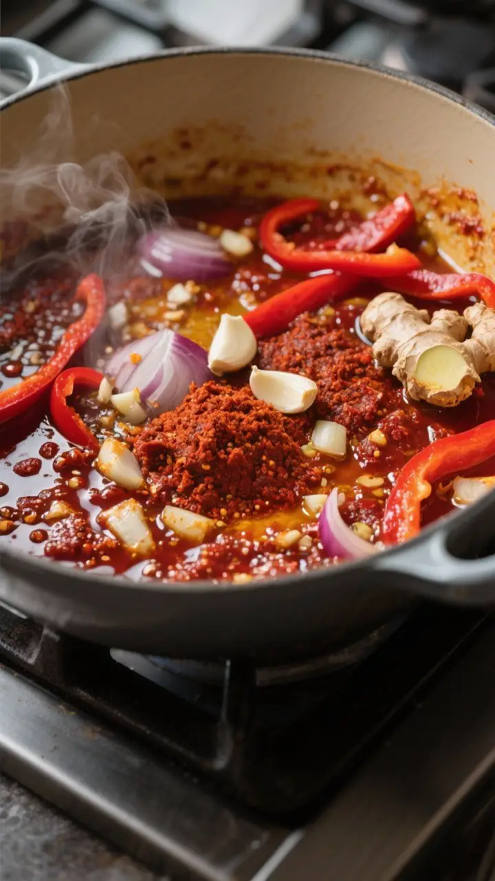 Cooking process close-up: Sautéed aromatics and toasted red curry paste in a Dutch oven, shot from 