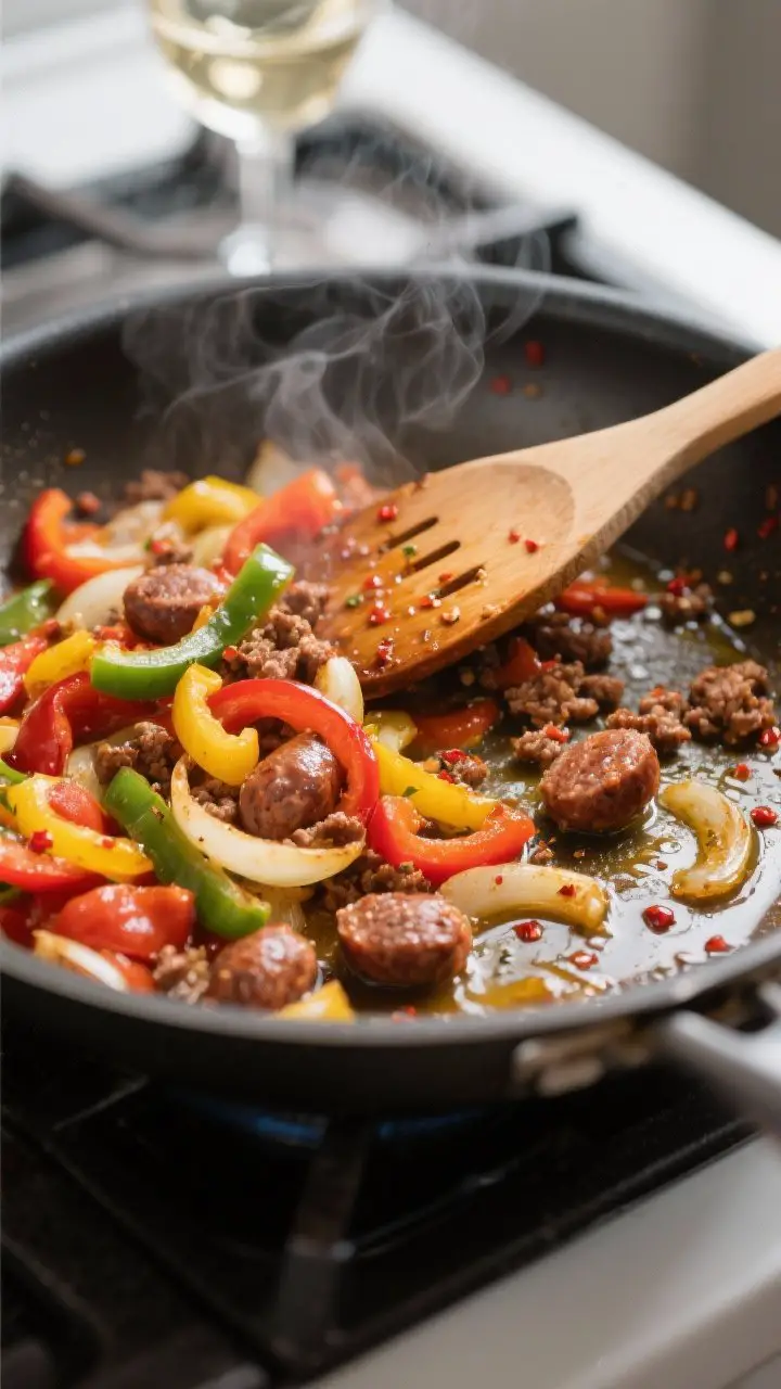 Cooking process close-up: Sautéed Italian sausage drippings sizzling as thinly sliced bell peppers