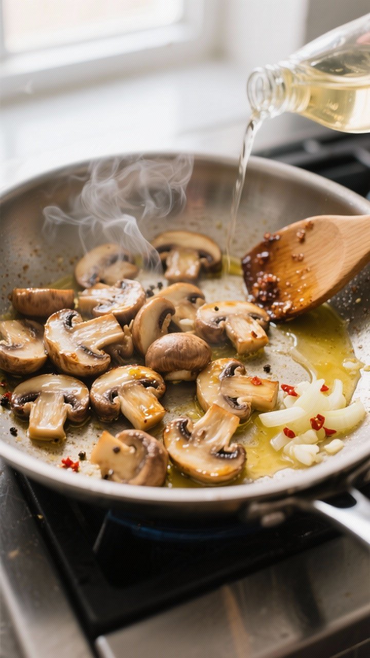 Cooking process close-up: Sliced cremini and baby bella mushrooms sizzling in a wide stainless skill
