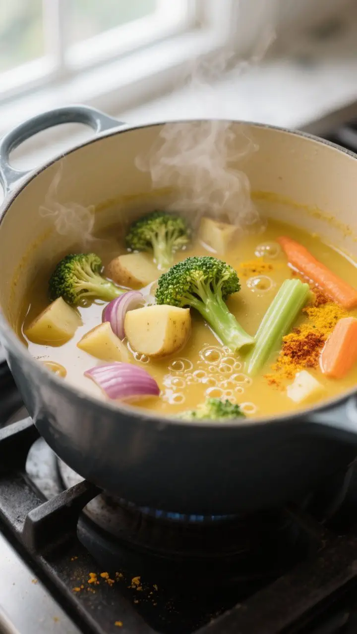 Cooking process — creamy base in the making: Medium close-up of a Dutch oven at a gentle simmer sh