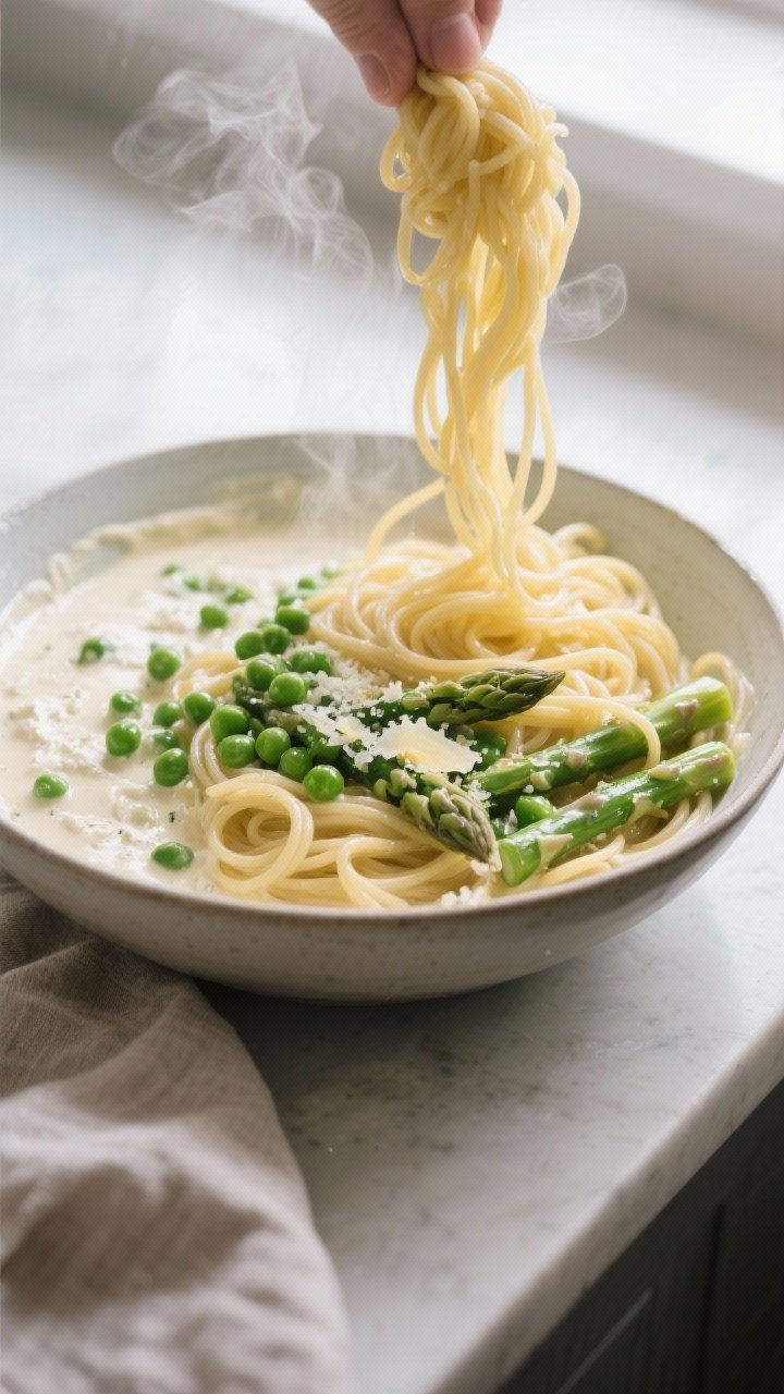 Cooking process: Hot, just-drained spaghetti being tossed directly in a large mixing bowl with the t