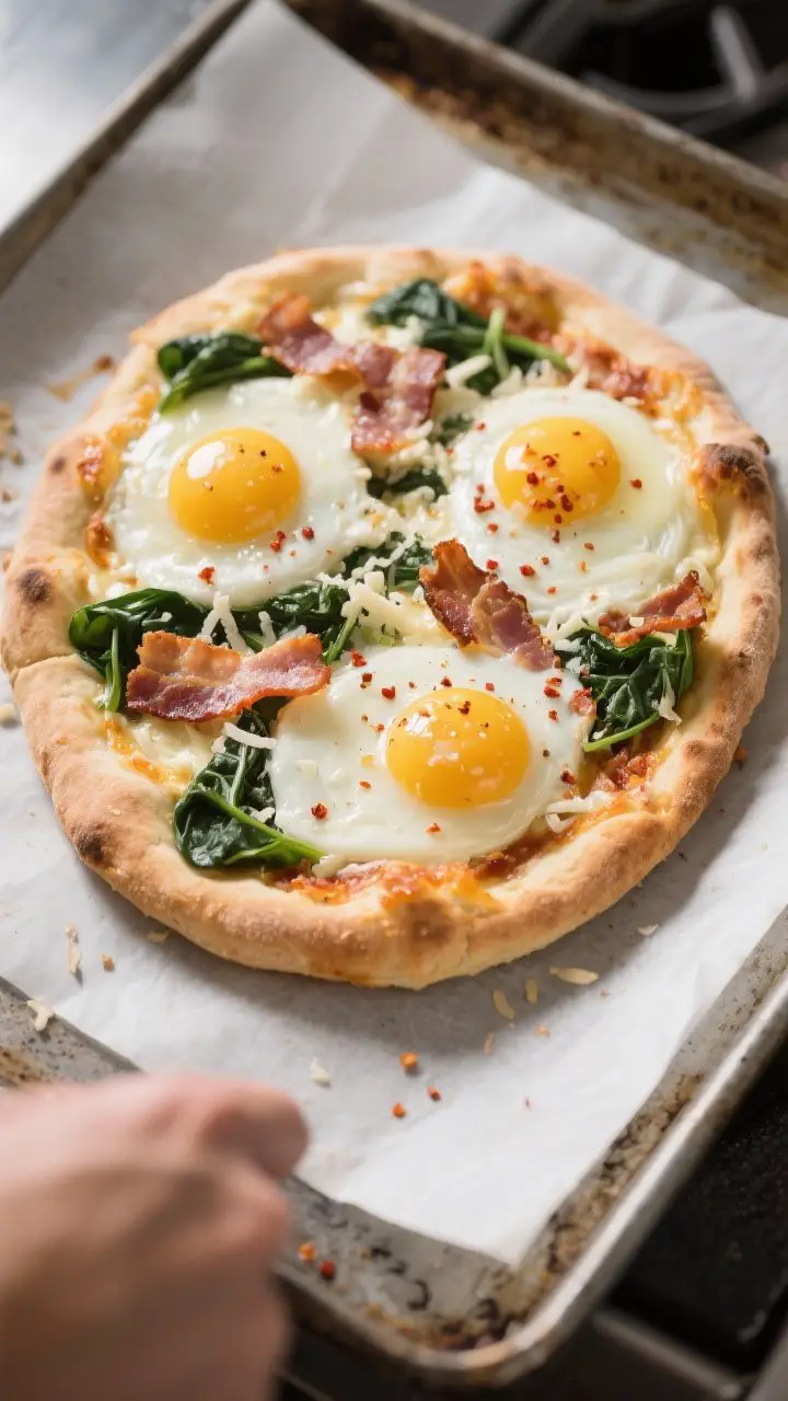 Cooking process: Mid-bake moment of the parbaked pizza being topped with eggs—toppings already mel