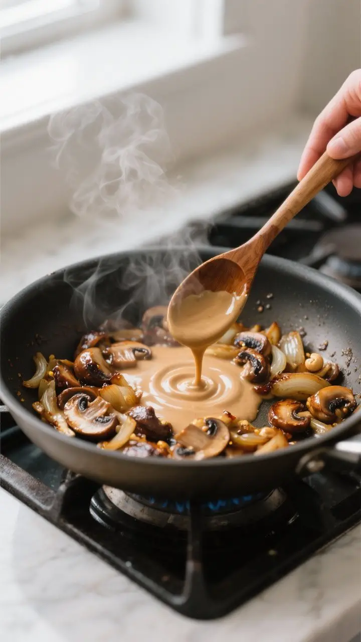 Cooking process: Mushrooms and onions being browned in a wide skillet, fully cooked and deeply caram