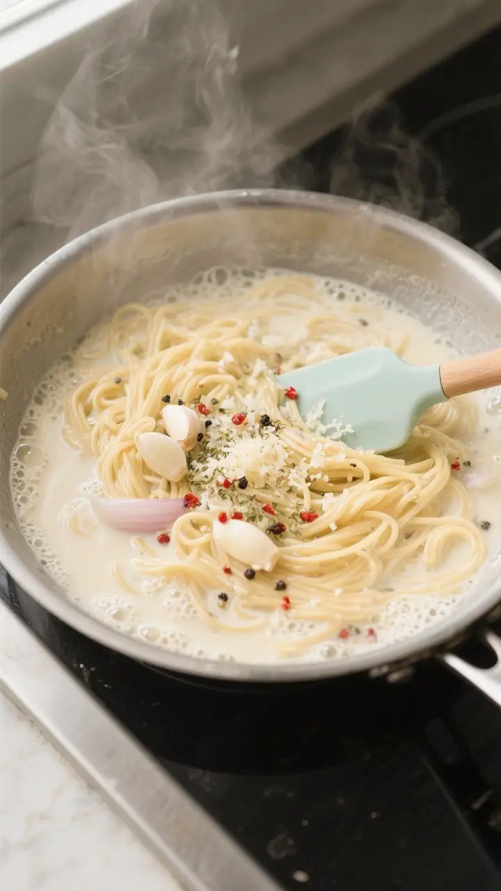 Cooking process – One-pot creamy garlic Parmesan pasta mid-simmer: overhead shot of linguine gentl