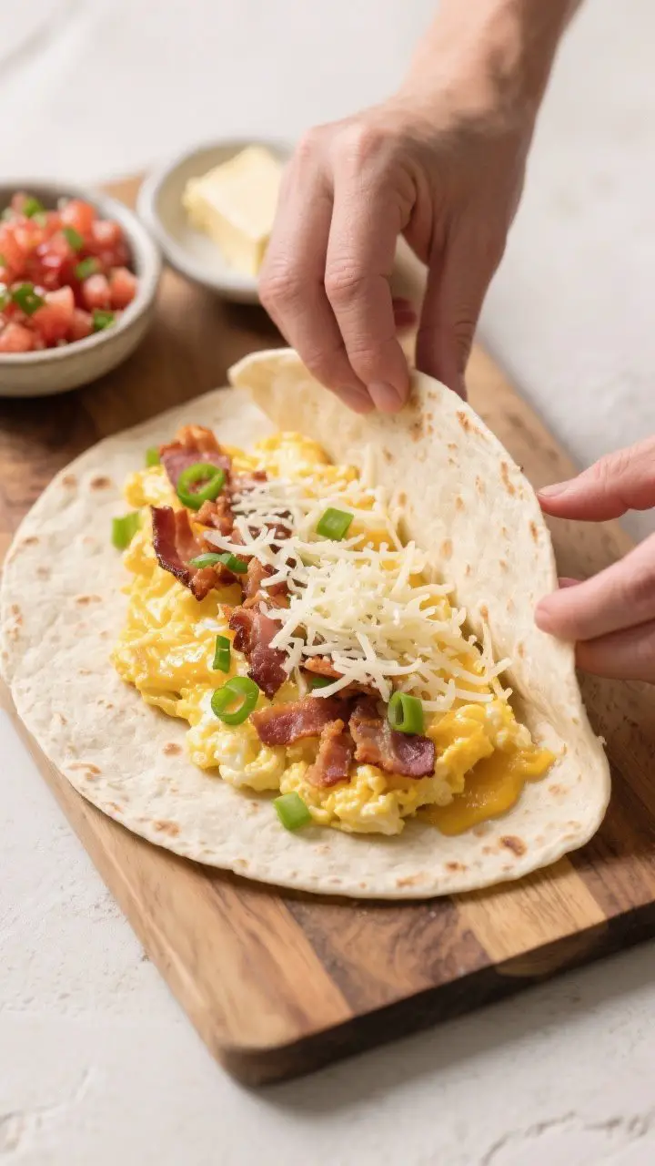 Cooking process: Overhead shot of assembly on a wooden board—an 8–10 inch flour tortilla folded 