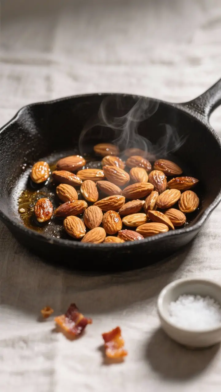 Cooking process: Overhead shot of golden toasted almonds just finished in a skillet with a whisper o