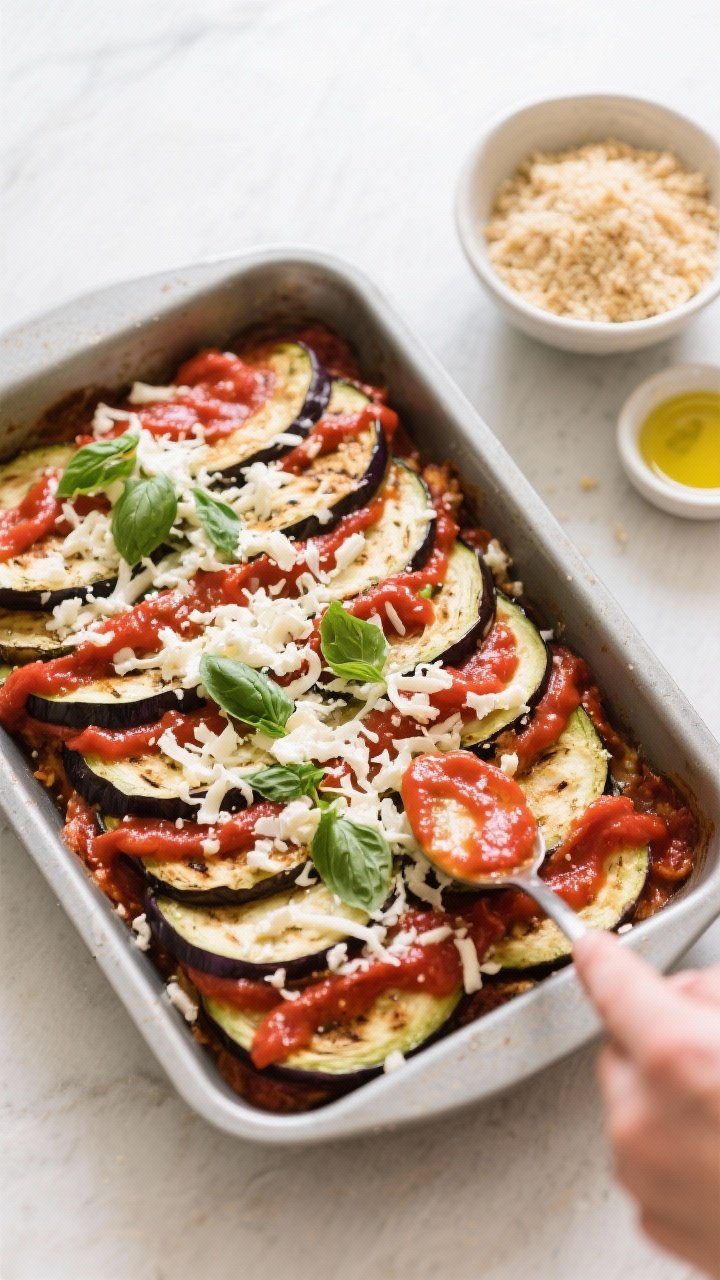 Cooking process: Overhead shot of layered eggplant Parmesan mid-assembly in a greased 9x13-inch dish