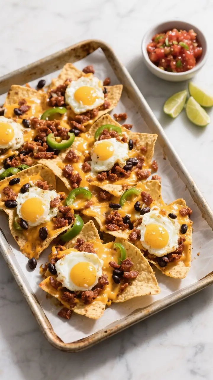 Cooking process: Overhead shot of loaded breakfast nachos just out of the oven on a parchment-lined 