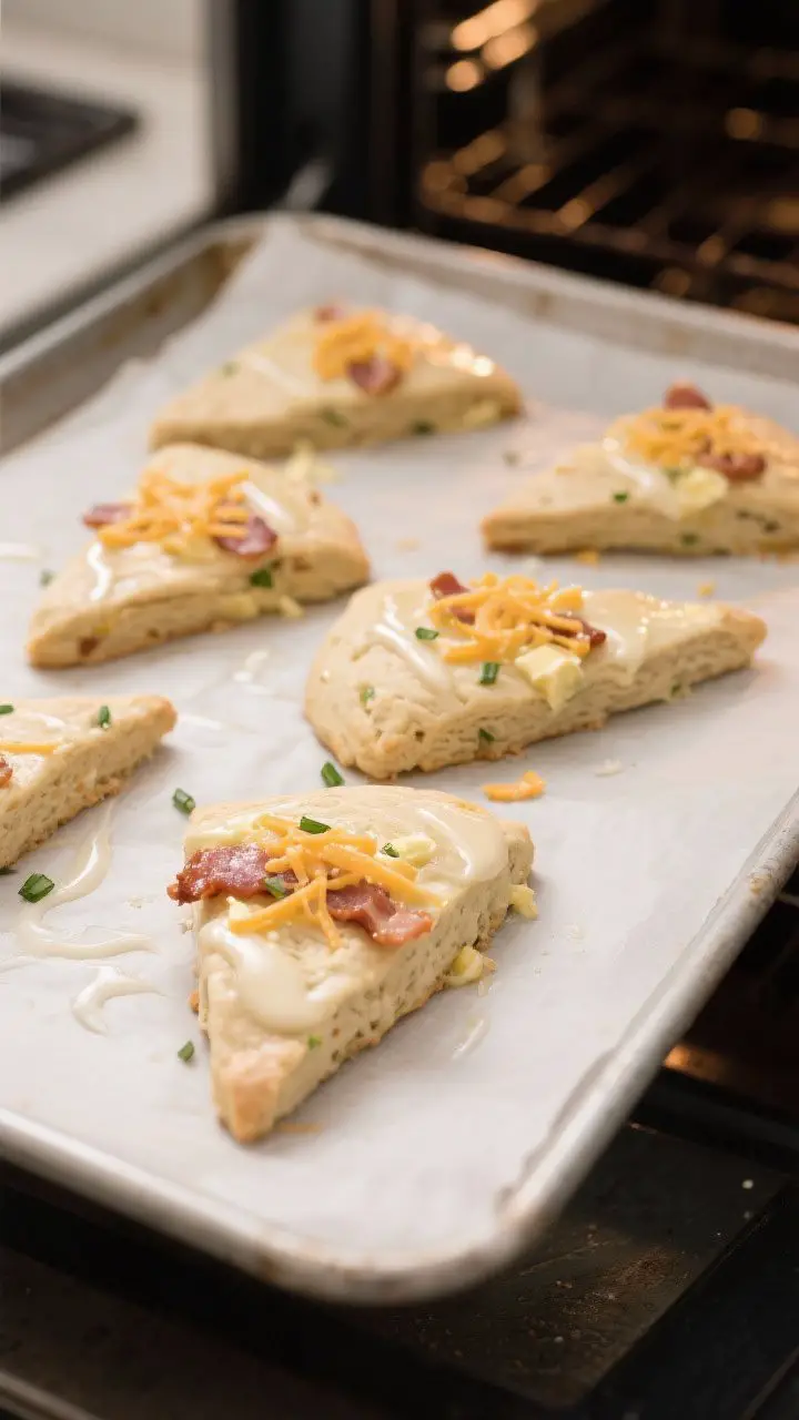 Cooking process: Overhead shot of shaped scone wedges on a chilled, parchment-lined sheet pan, just 