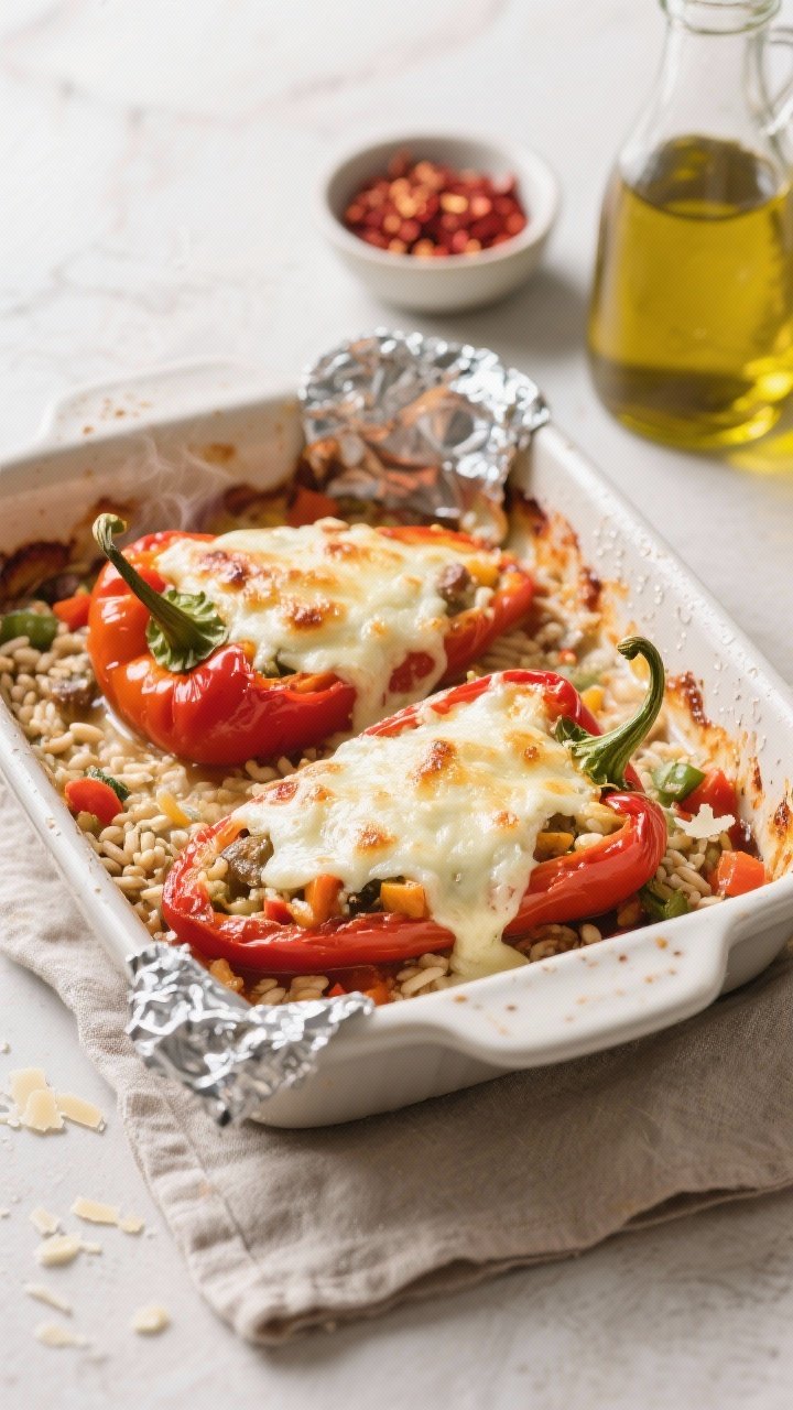 Cooking process: Overhead shot of stuffed peppers in a baking dish right after the foil is removed, 