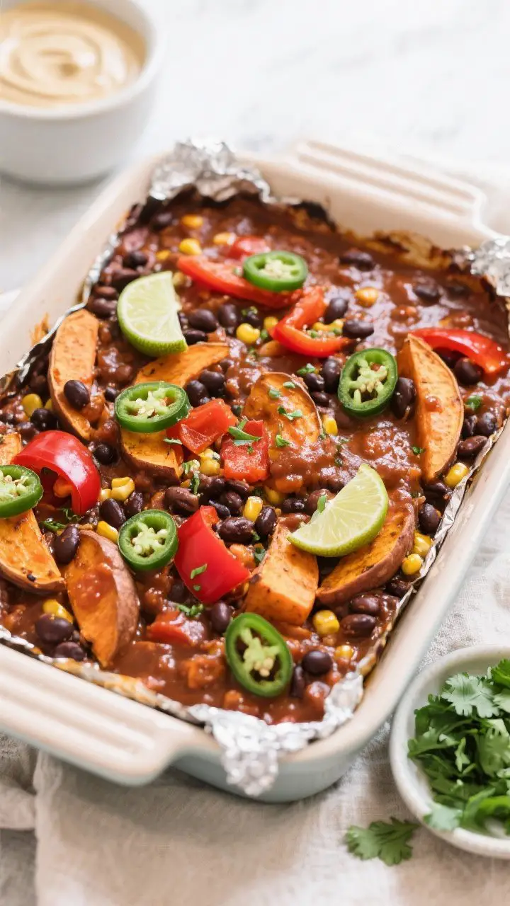 Cooking process: Overhead shot of the assembled Vegan Sweet Potato Black Bean Casserole just after f
