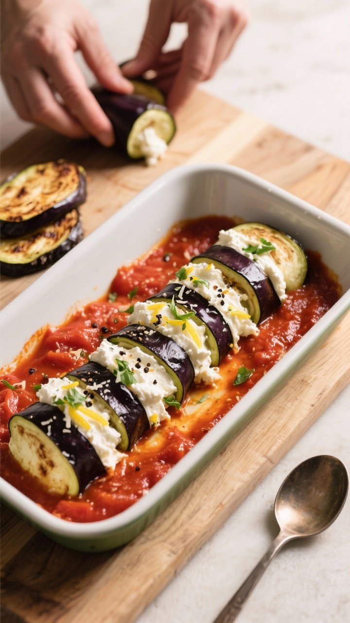 Cooking process: Overhead shot of the assembly stage on a wooden board—roasted, pliable eggplant s