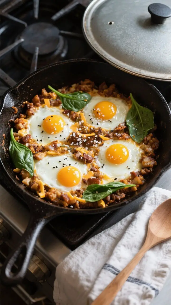 Cooking process: Overhead shot of the hash with four spoon-made wells each holding a just-set egg; g
