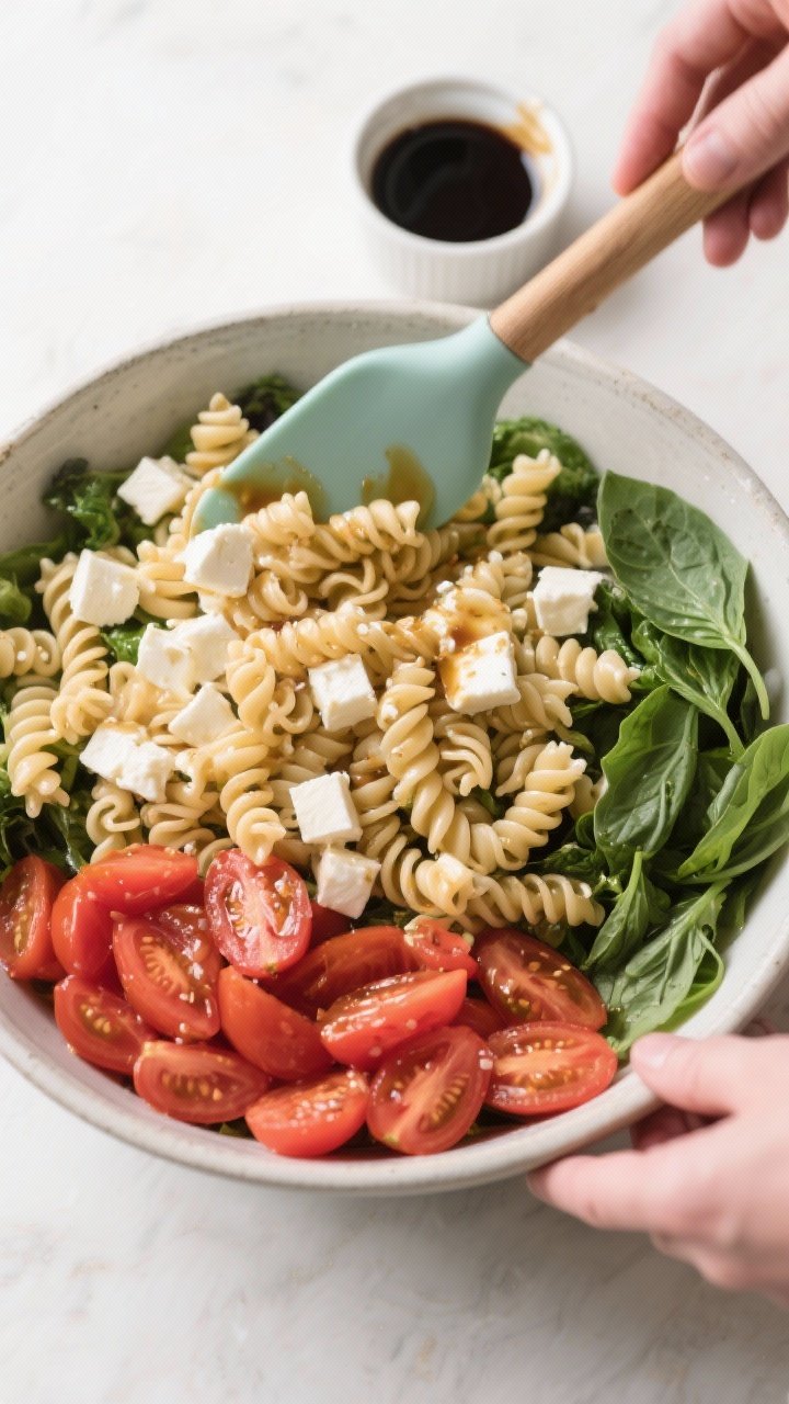 Cooking process: Overhead shot of the salad being assembled in a large mixing bowl—dressed tomatoe