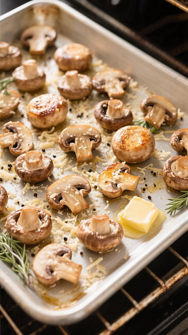 Cooking process: Overhead shot of the second roast stage—mushrooms distributed in a single layer o