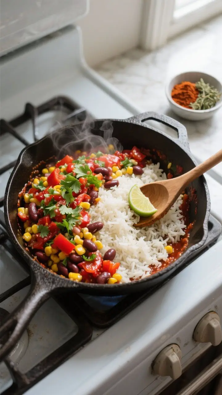 Cooking process: Overhead shot of the skillet stage right after folding in the cooked jasmine rice w