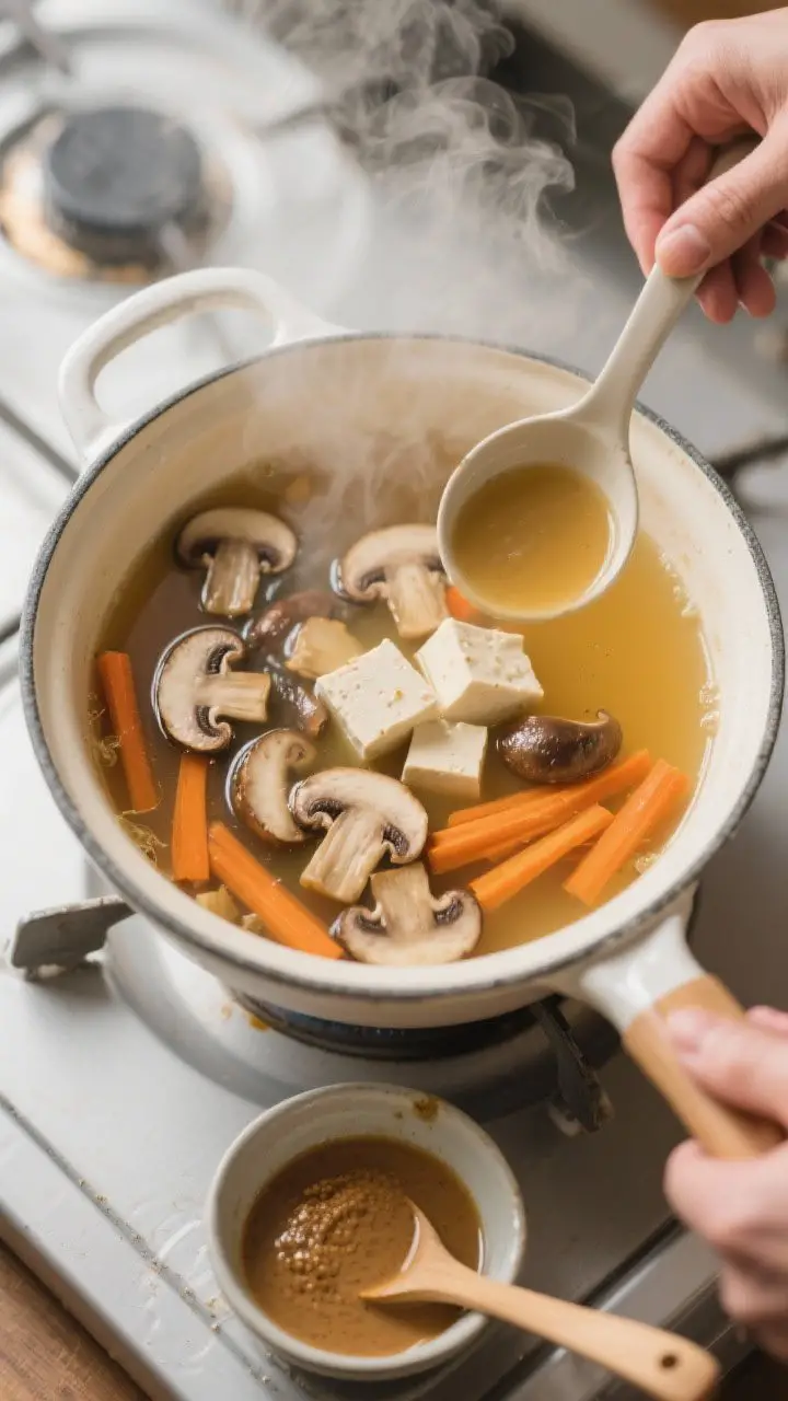 Cooking process: Overhead shot of the soup at the “temper-and-stir” stage—steaming pot of clea