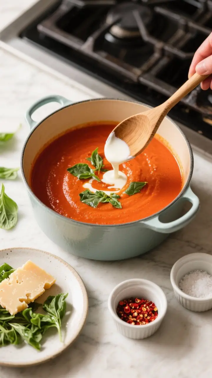 Cooking process: Overhead shot of the soup just after blending, still in the pot, with the Parmesan