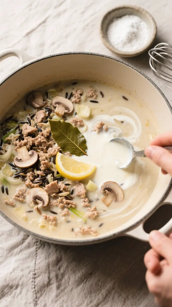 Cooking process: Overhead shot of the soup mid-simmer in a wide, shallow pot right after cream and l
