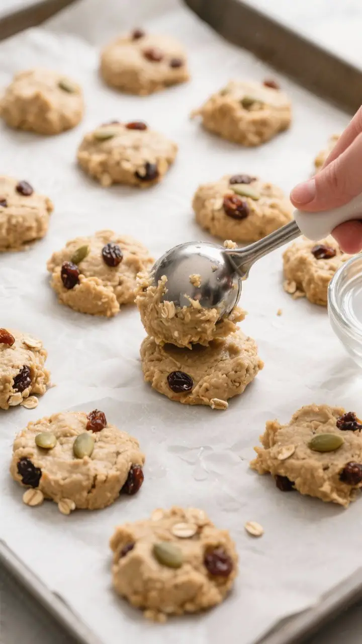 Cooking process: Overhead shot of the thick, sticky cookie dough being portioned and slightly flatte