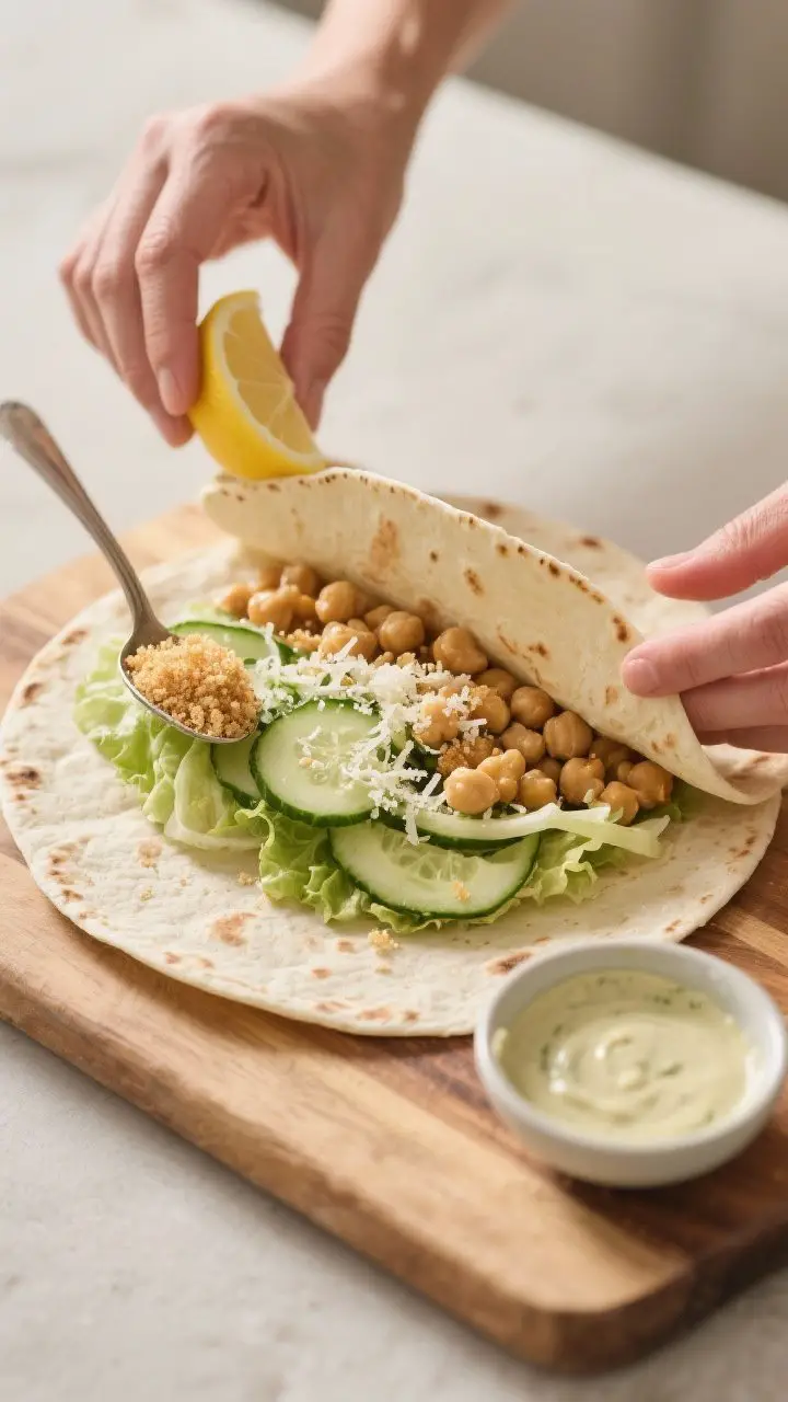 Cooking process: Overhead shot of wrap assembly in progress on a wooden board—warmed flour tortill