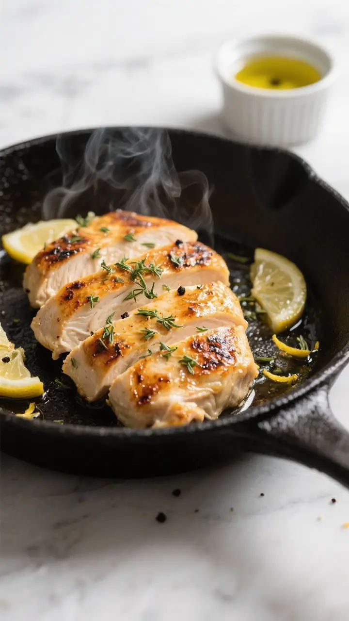 Cooking process — Pan-seared Greek chicken: Sliced, golden-browned chicken breasts just off the sk