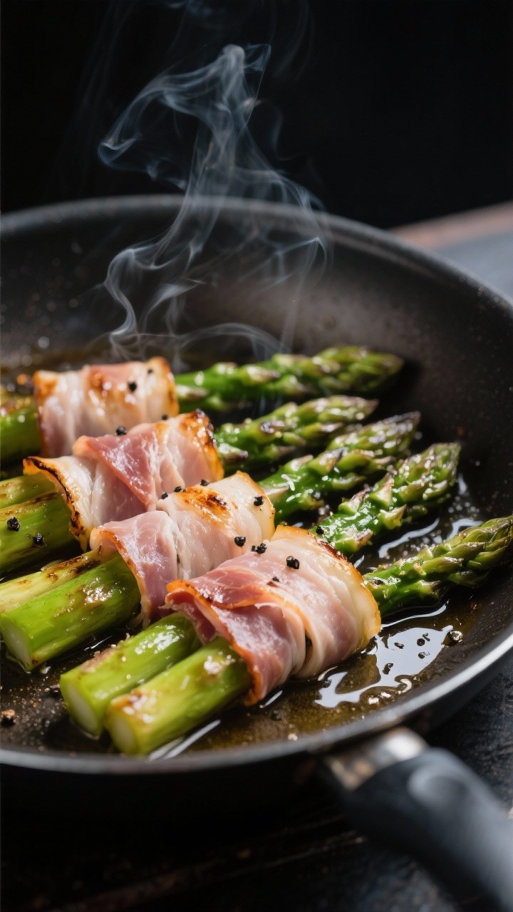 Cooking process — Parma ham–wrapped asparagus searing in a large skillet: close-up of several sp